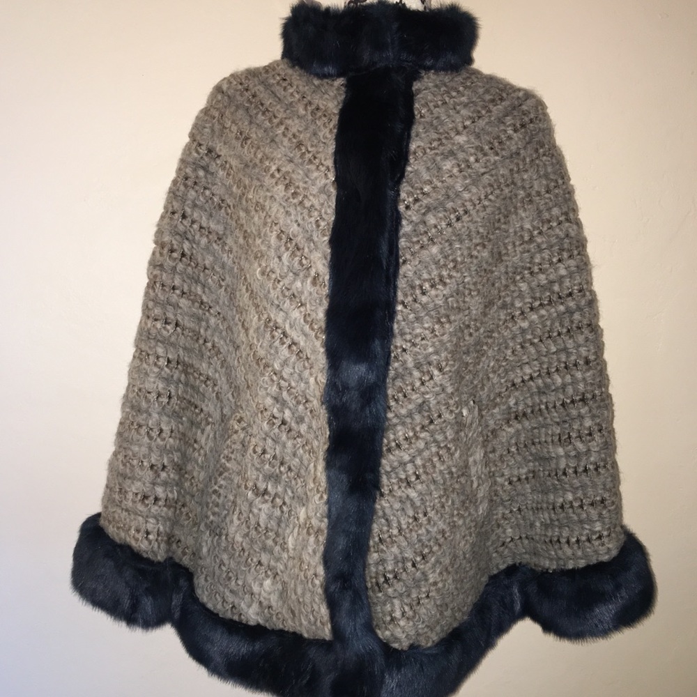 Maria Sole Italy Tan Blue Faux Fur Poncho